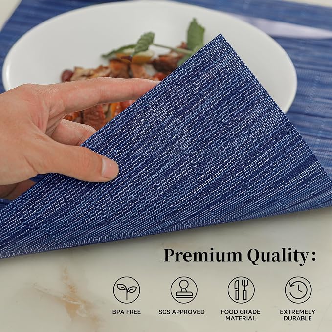 Leetaltree Blue Placemats Set of 6 - Heat Resistant Non-Slip Place mats for Dining Table, Washable Durable PVC Vinyl Woven Table Mats（Blue, 6） - Image 2