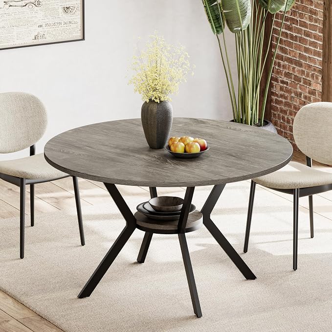 Round Dinner Table for 2-4, 42 Inch Kitchen & Dining Room Table with Storage, Wooden Circle Dining Table, Mid Century Modern Dining Table with Metal Legs for Kitchen, Living Room, Dining Room, Grey by MECHYIN