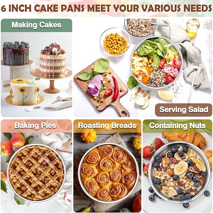P&P CHEF Cake Pan Set for Baking, 4" + 4" + 6" + 6" Round Cake Pans Tins | 4 Pieces & 2 Sizes, Premium Stainless Steel, Ideal for Layer Tier Cakes in Birthday Wedding, Oven & Pot & Dishwasher Safe - Image 6