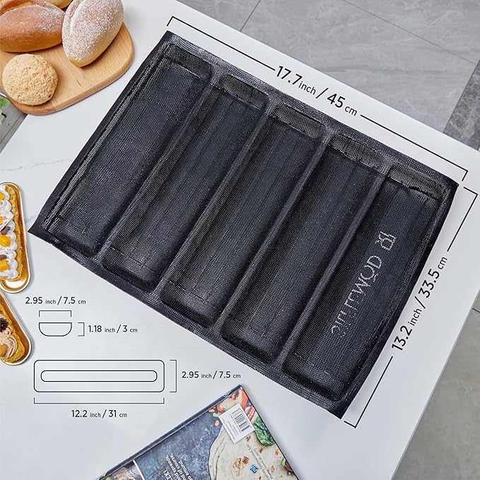 SIFLEMOD Silicone Baguette Mold - Non-stick Fench Bread Flexi Mesh Pan, Perforated Sandwich Baking Liners, Silicone Bread Baking Forms (5 Loaf, Black)