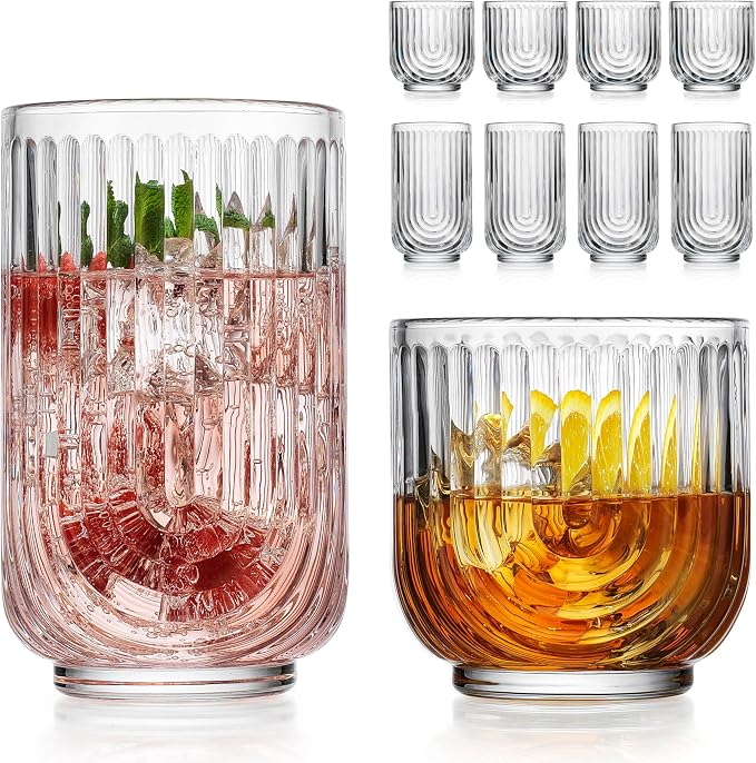 Glaver's 8-Piece Drinking Glass Set, Art Deco Ribbed Arch Glassware, Clear U-Shape Design, 17oz Highball and 11oz DOF Glasses Kitchen Glasses by Glavers