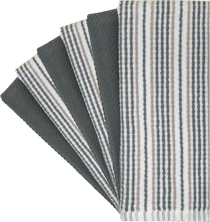 Bumble Kitchen Towels 6 Pack 100% Cotton 16"x26" - Grey Wide Stripe | 430 GSM Soft Kitchen Hand Towels with Hanging Loop, Highly Absorbent & Durable for Washing and Drying Dishes - Image 2