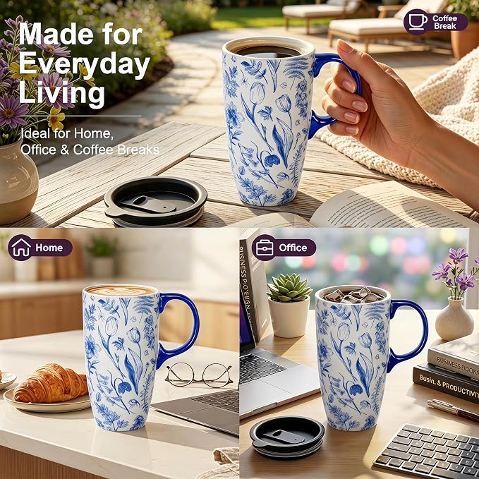 Topadorn 17oz Ceramic Travel Mug with Lid, Toile de Jouy | Floral Coffee Mug with Handle, Blue White Botanical Latte Cup, Microwave & Dishwasher Safe - Image 7