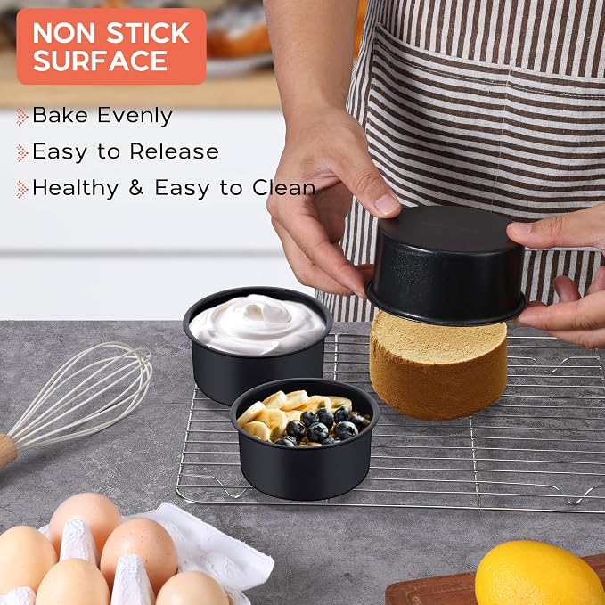 Onader Small Mini Round Cake Pan, 4 Inch Smash Cake Bake Pans Sets of 3 for Baking, Stainless Steel Baking Tins for Birthday Wedding, Nonstick - Image 3