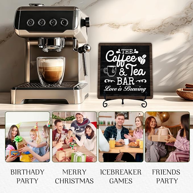 Coffee Bar Sign, Love is Brewing Farmhouse Tabletop Decor, Coffee and Tea Lover Gifts, 5x5 Wood Plaque with Iron Stand for Home Kitchen Cafe, Coffee Bar Decor – L05 - Image 5