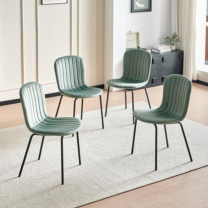Green Velvet Dining Chairs Set of 4, Modern Kitchen Chairs with Metal Legs, Space-Saving Small Armless Chairs for Dining Living Room Apartment Restaurant - Image 4