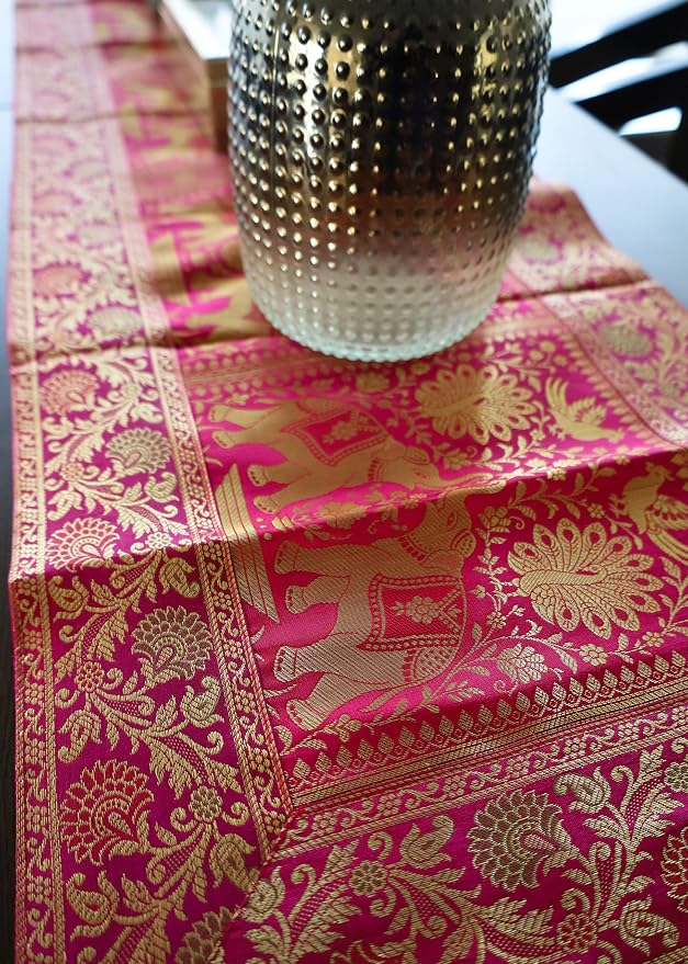 Indian Handmade Elephant Design Table Runner.Traditional Decorative Ethnic Kitchen Table Cloth for Wedding Bridal Birthday Party Decorations. 60 X 16 Inch Pink Color - Image 2