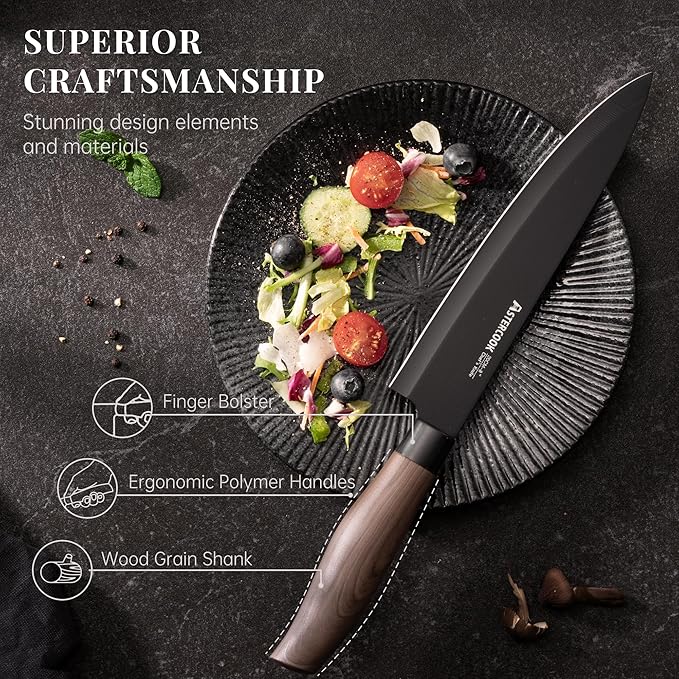 Astercook Knife Set, 6-Piece Kitchen Knife Set with Block, High Carbon Stainless Steel Ultra Sharp Kitchen Knives, Wood Grain Handle, Dishwasher Safe Knife Block Set, Black, Kitchen Utility Knives - Image 5