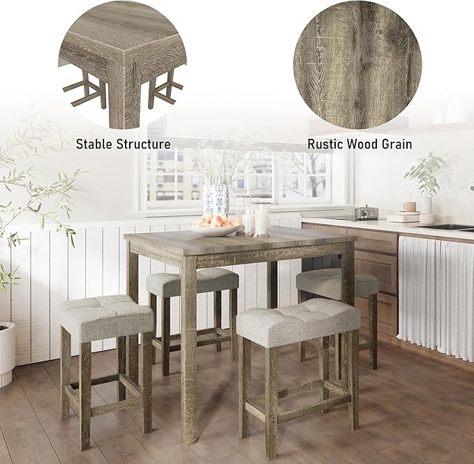 allamazing 5-Piece Counter Dinner Height Table Set, Indoor Modern Rectangular Dining Table Furniture Set for Kitchen, 35 inch Dining Table with 4 stools (1+4 Natural) - Image 4
