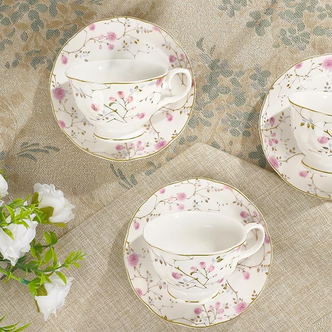 fanquare 21-Piece Gold Vine Floral Porcelain Tea Sets with Sugar Bowl Creamer Teacups, English Bone China Tea Service for Women TeaParty Family Gathering Home Décor | Porcelain Tea Service with Sugar Bowl Creamer Teacups for Women TeaParty Family Gathe... - Image 3