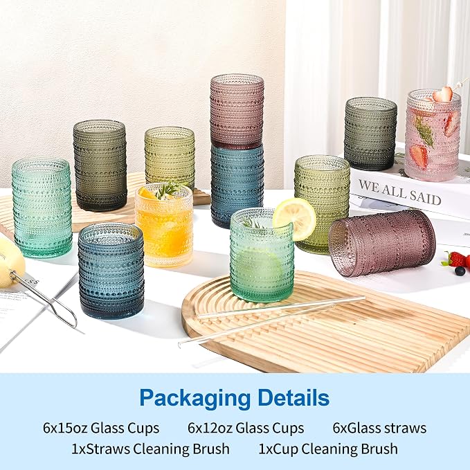 KMIGRUAN Hobnail Drinking Glasses Set of 12, 15Oz & 12Oz Cocktail Glasses | Blue-Vintage Highball Glasses, Embossed Beaded Water Glass Cups for Juice and Various Mixed Drinks, Kitchen Drinking Glasses - Image 6