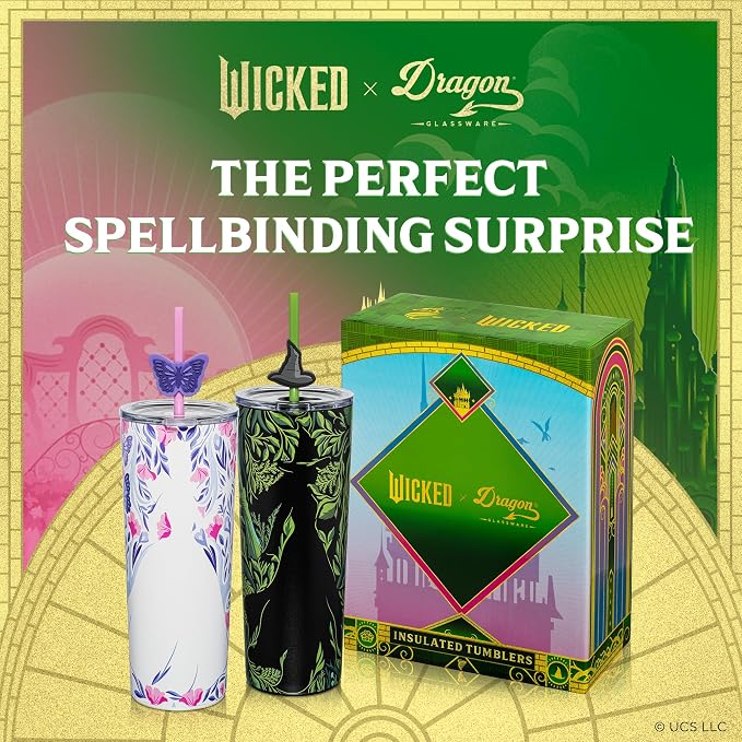 Dragon Glassware x Wicked: For Good Tumbler, 24 oz 2-Pack - Shadows | Set of 2 Vacuum Insulated Stainless Steel Wicked Cups with Lids & Straws; With Straw Charm; Official Wicked Merch - Image 7