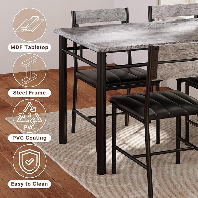 IRONCK Dining Table Set for 4, Grey | Wood Kitchen Table with Upholstered Chairs for Kitchen Room and Small Spaces - Image 7