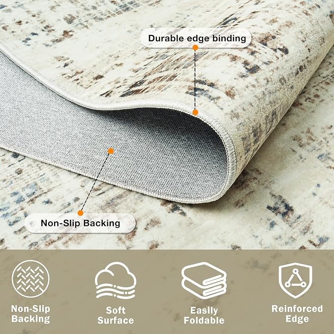 10x14 Washable Area Rug for Living Room Bedroom: Non-Slip Modern Gray White | Machine Washable TPR Backing, Stain-Resistant Low Pile, Pet & Kid Friendly, Abstract Decor for Dining Room, Dorm, Home Office - Image 4