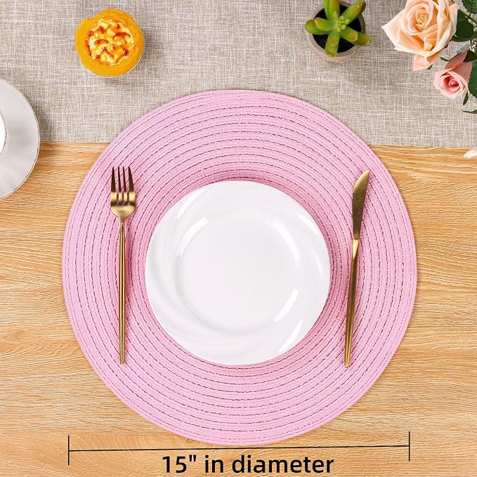 SHACOS Round Braided Placemats Set of 6 Round Table Mats for Dining Tables 15 inch Washable Non Slip Placemats (Pink, 6) - Image 4