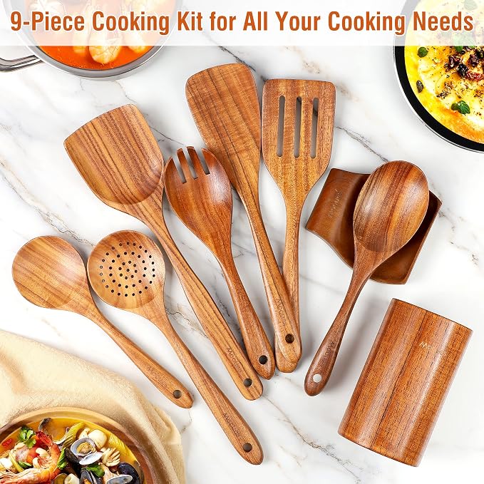 Mooues Wooden Kitchen Utensil Set, 9 Piece Natural Teak with Spoon Rest | Wooden Cooking Utensils with Comfort Grip, Smooth Durable Heat Resistant Cooking Spoons and Utensils Holder for Cooking - Image 7
