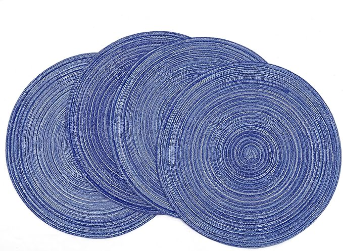 SHACOS Round Braided Placemats 15 inch Set of 4 Washable Cotton Polyester Braided Kitchen Table Placemats for Home Wedding Party (Blue White, 4) by SHACOS