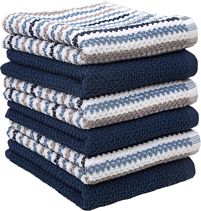 Premium Kitchen Towels (16”x 26”, 12 Pack) | Large Cotton Kitchen Hand Towels | Popcorn Striped Design | Dish Towels | 430 GSM Highly Absorbent Tea Towels Set with Hanging Loop | Blue - Image 5