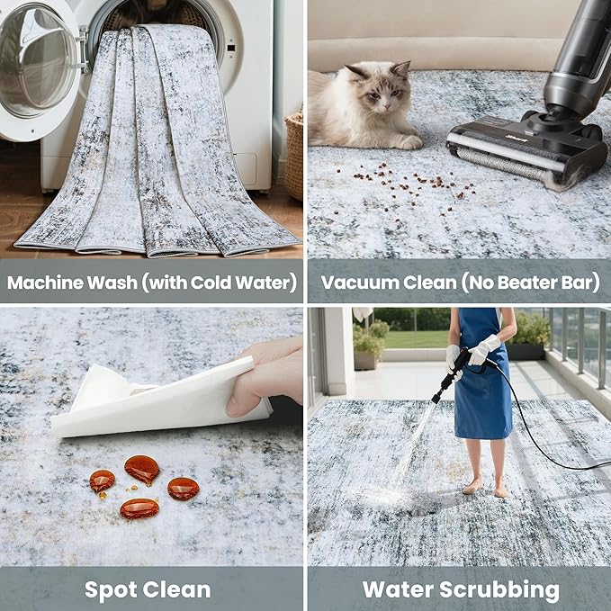 10x14 Washable Area Rug for Living Room Bedroom: Non-Slip Modern Blue Grey | Machine Washable TPR Backing, Stain-Resistant Low Pile, Pet & Kid Friendly, Abstract Decor for Dining Room, Dorm, Home Office - Image 6