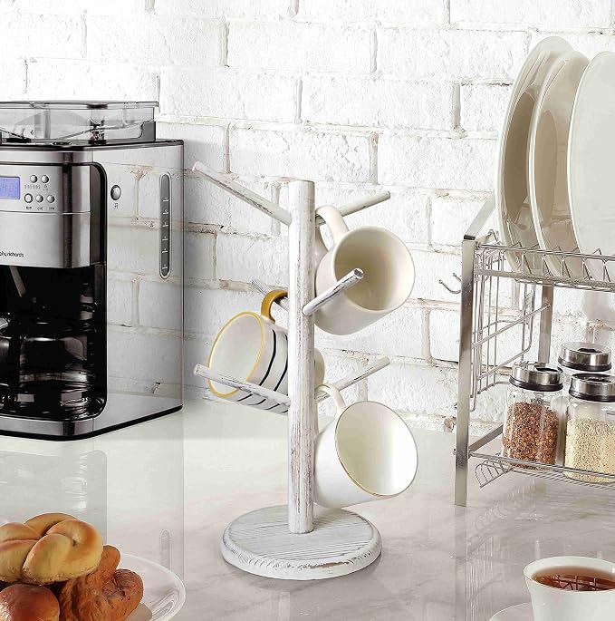 Dorhors Mug Holder Tree,Coffee Cup Holder,Mug Rack Stand Hook,Bar Organizer | Rustic White Wood Coffee Station Accessories 6 Hook,Coffee Shelf Decor for Kitchen Countertop,Counter Storage Display Mug,Cup - Image 2