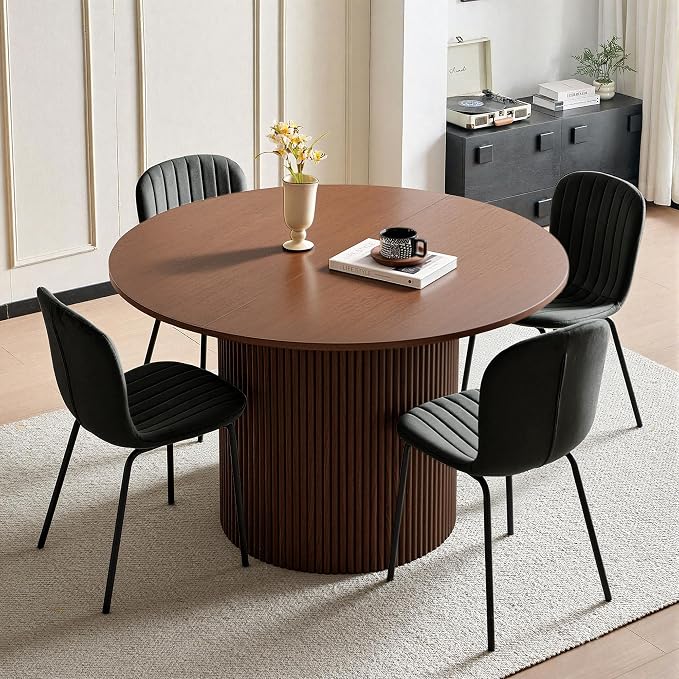 5 Piece Round Dining Table Set for 4, Mid Century Modern Wooden Kitchen Table and Chairs, Space-Saving Small Dinette Set (47 Inch Walnut Table+4 Black Chairs) - Image 3