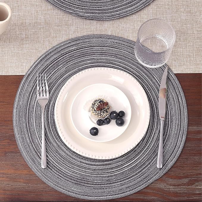 SHACOS Round Braided Placemats Set of 8 Round Table Mats for Dining Tables Non Slip Washable (Black Grey, 8) - Image 2