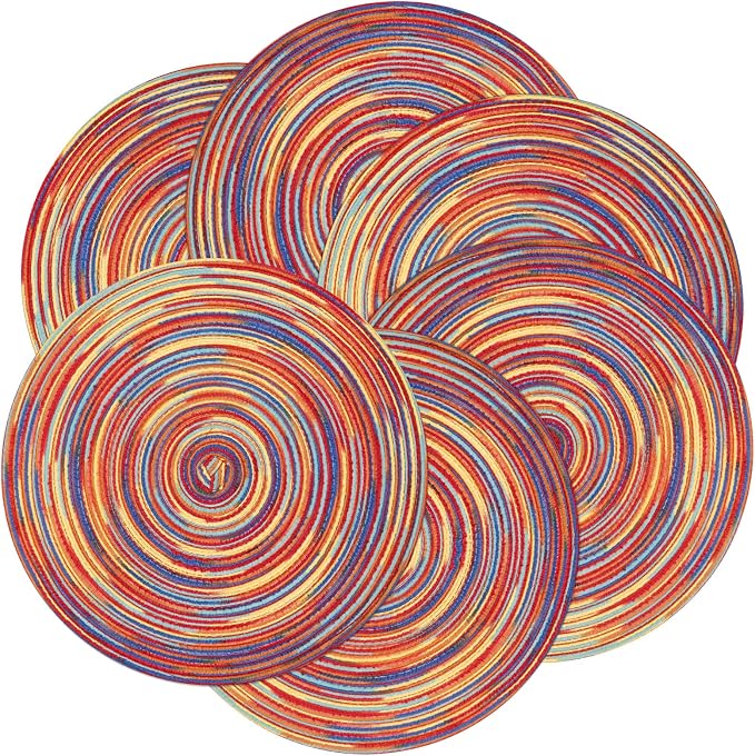 SHACOS Round Braided Placemats Set of 8 Washable 15 inch Round Table Mats Colorful Variegated Woven Place Mats for Dining Table (Rainbow Red, 8) - Image 5