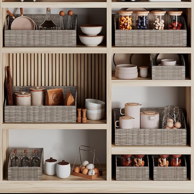 Pantry Baskets Organization, Wicker Storage Bin Shelf Grey | Handwoven Pantry Organizers and Storage with Built-in Handles, Laundryroom Organization Storage Bins for Snack Cans - Image 4