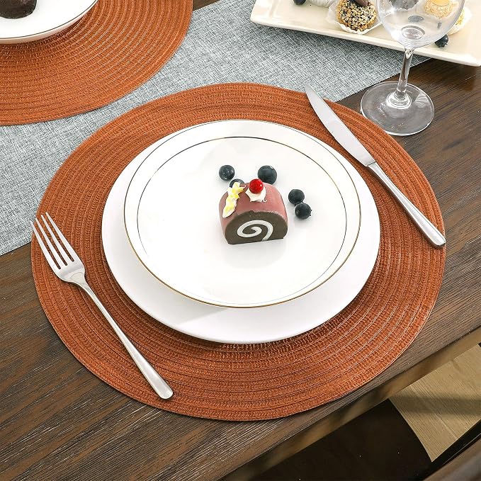 SHACOS Round Placemats Set of 6 Washable 15 inch Round Placemat Cotton Polyester Woven Braided Table Place Mats for Dining Table Decor, Dark Orange - Image 3