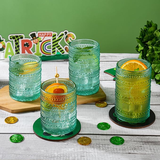 KMIGRUAN Hobnail Drinking Glasses Set of 12, 15Oz & 12Oz Cocktail Glasses | Light Green Boho Highball Glasses, Embossed Beaded Water Glass Cups for Juice and Various Mixed Drinks, Kitchen Bar Tumbler - Image 3