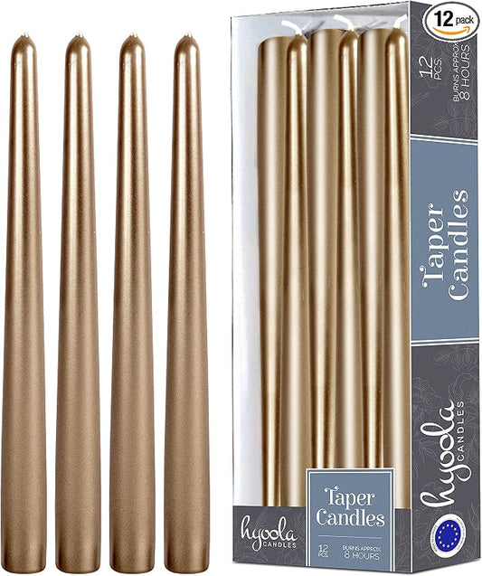 Hyoola Tall Metallic Antique Gold Taper Candles - 10 Inch - Dripless - 12 Pack - 8 Hour Burn Time by Hyoola