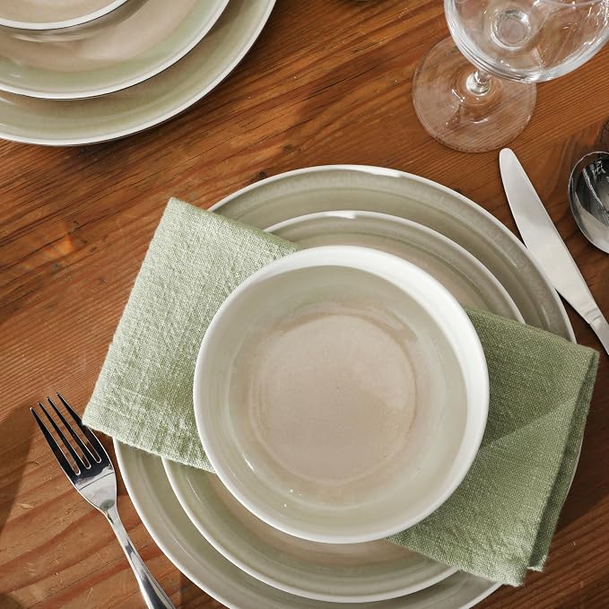 Gibson Elite Island Bay 12-Piece New Bone China Dinnerware Set Service for 4, Reactive Glaze Plates and Bowls, Dishwasher and Microwave Safe, Cream and Green - Image 6