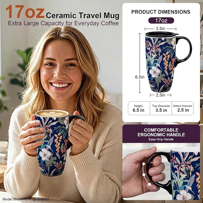 Topadorn 17oz Ceramic Travel Mug with Lid, Tropical Botanical Coffee Mug with Handle, Floral Ceramic Coffee Cup, Microwave & Dishwasher Safe, Gift Box Included - Image 2