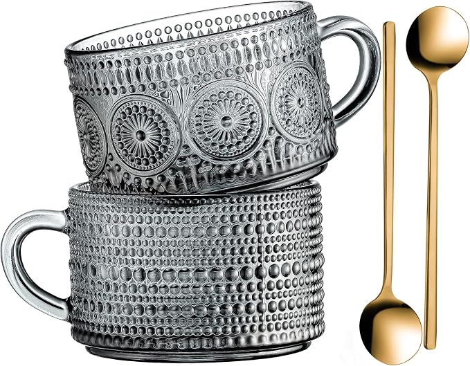 Gezzeny Vintage Glass Coffee Mugs 14 Oz Set of 2 Gray Embossed Tea Cups for Cappuccino, Latte,Cereal, Yogurt, Beverage Hot/Cold Mother's Father's Day Gifts by Gezzeny