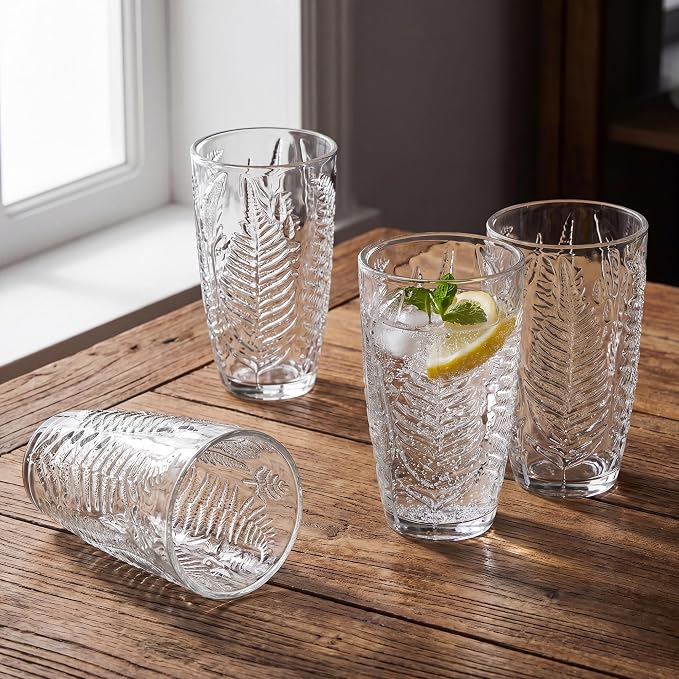 Clear Drinking Glasses Set of 4, 16 oz Glass Cups, Vintage Fern Glassware | Hand-Pressed, Dishwasher Safe, Boho Leaf-Textured Drinkware, Decorative Embossed Highball Tumblers for Water, Retro Kitchen - Image 2