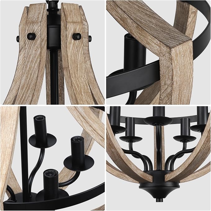5-Light Farmhouse Wood Chandeliers for Dining Room, Adjustable Height Hanging Rustic Geometric Light Fixture for Kitchen Island Foyer Entryway Living Room - Image 7