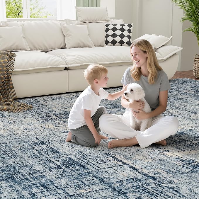 9x12 Washable Area Rug for Living Room Bedroom: Non-Slip Modern Blue Gold | Machine Washable TPR Backing, Stain-Resistant Low Pile, Pet & Kid Friendly, Abstract Decor for Dining Room, Dorm, Home Office - Image 6