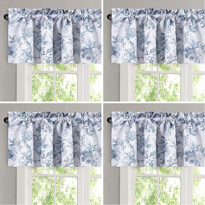 H.VERSAILTEX Blackout Curtain Valances for Kitchen Window/Living Room/Bathroom Privacy Added Rod Pocket Home Decoration Winow Valance, 52" W x 18" L, Floral in Storm Blue (Pack of 4) by HVERSAILTEX