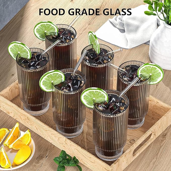 16Oz Glass Cups, 6Set Glass Tumbler with Straw and Lid, Vintage Glassware for Whiskey Cocktail Beer, Iced Coffee Cups with Lid (6 PACK)