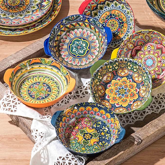Henten Home Ceramic Soup Bowls Set, 14 oz Cereal Bowl Set of 6, Small Dessert Bowls with Handle, Boho Serving Bowls Set for Kitchen, Snack, Salad, Microwave & Dishwasher Safe - Image 3