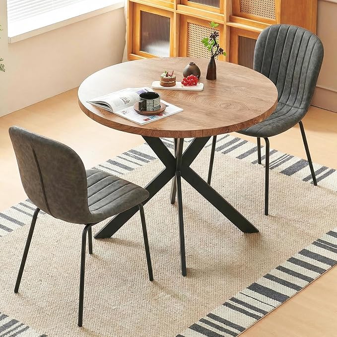 37 Inch Round Dining Table Set for 4, Modern Small Circle Kitchen Coffee Set for Apartment Living Room Office, Save Space(1 Wooden Table + 2 Grey PU Leather Chairs) by SQPFTW