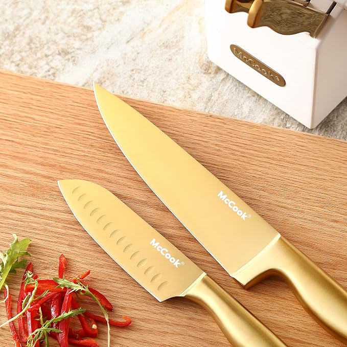 McCook® Kitchen Knife Sets, Golden Titanium Stainless Steel Knives Block Set with Built-in Sharpener, 20 Piece Knives, Restaurant Grade Sharp, Elegant Gold & Stylish Wooden Block for Modern Culinary | German Forged Stainless Steel,20 PC,Razor Sharp,Ant... - Image 8