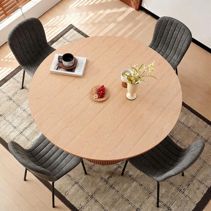 5 Piece Round Dining Table Set for 4, Mid Century Modern Wooden Kitchen Table and Chairs, Space-Saving Small Dinette Set (47 Inch Oak Table+4 Grey Chairs) - Image 6