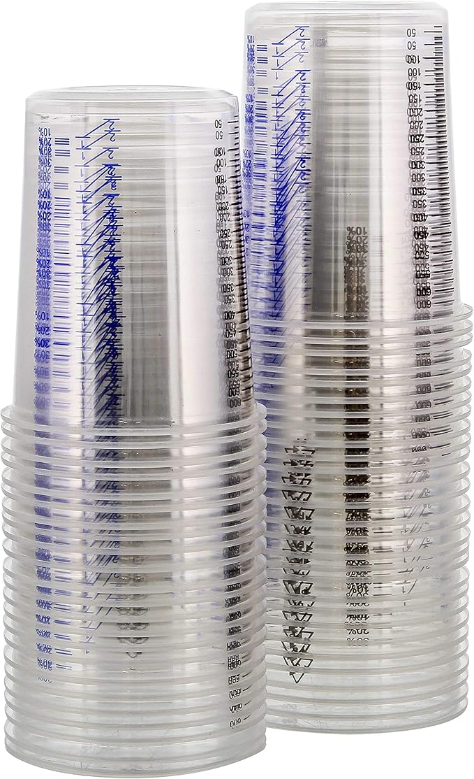TCP Global 20 Ounce (600ml) Disposable Flexible Clear Graduated Plastic Mixing Cups - Box of 50 Cups - Use for Paint, Resin, Epoxy, Art, Kitchen, Cooking, Baking - Measuring Ratios 2-1, 3-1, 4-1, ML
