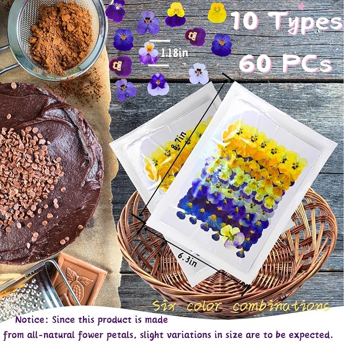 PureHabitat 60 Pcs 10 Colors Natural Dried Pressed Edible Viola Tricolor Flowers for Cake Topper Decoration – for Cupcake Toppers Cocktails Resin Jewelry DIY Crafts (Purple) - Image 3