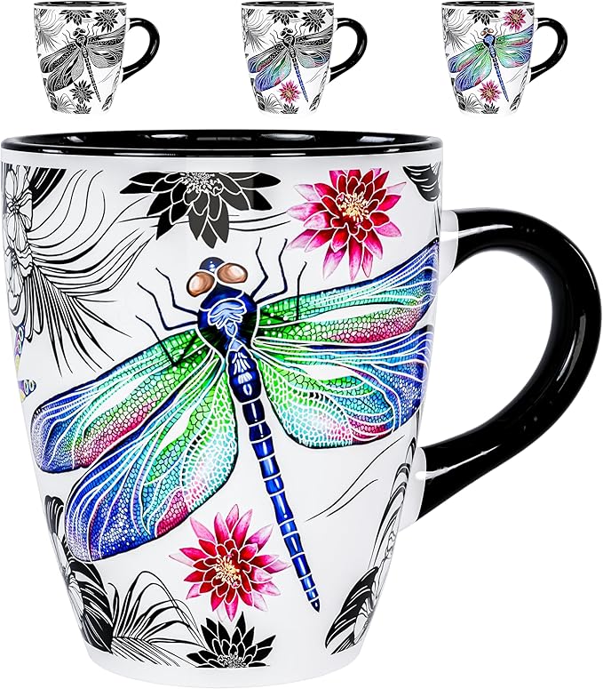 Color Changing Dragonfly Coffee Mug 12oz – Heat Sensitive Ceramic Cup with Floral Reveal – Dragonfly Gifts for Women, Unique Coffee Mugs, Christmas Holiday Gift, Perfect for Coffee, Tea or Cocoa by Dream8Design