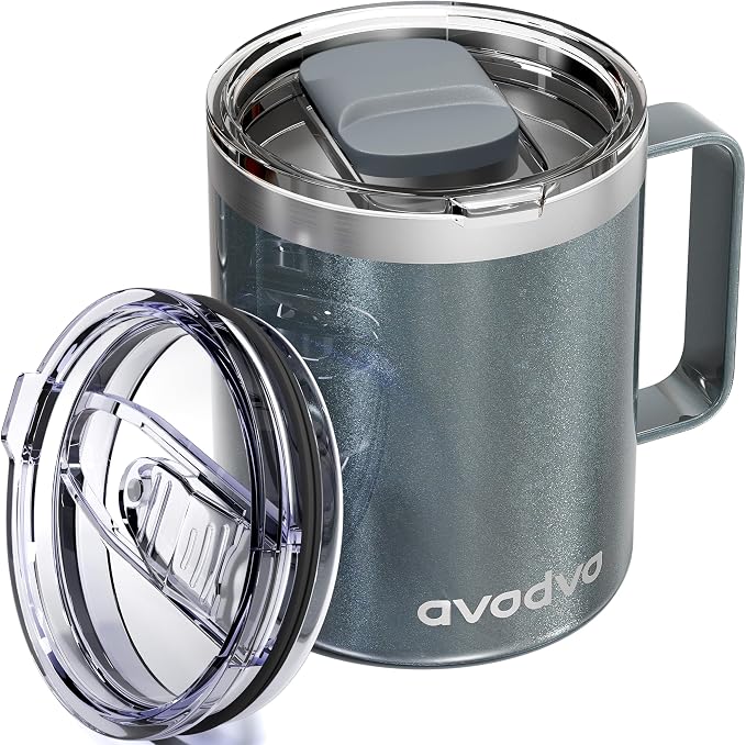 12oz Insulated Coffee Mug with Lid – Includes Two Lids, Stainless Steel Coffee Travel Mug with Handle, Double Wall Vacuum Insulated Camping Mug for Home, Office & Outdoor, Cool Gray by avodvo