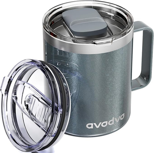 12oz Insulated Coffee Mug with Lid – Includes Two Lids, Stainless Steel Coffee Travel Mug with Handle, Double Wall Vacuum Insulated Camping Mug for Home, Office & Outdoor, Cool Gray by avodvo