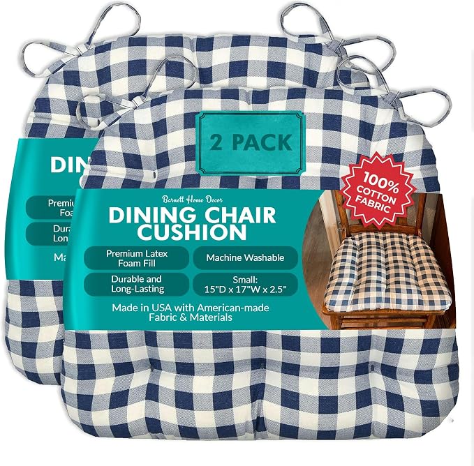 Barnett Home Decor Dining Chair Cushions with Ties – Small 15 x 17 - Latex Foam Fill, 100% Cotton, Machine Washable Chair Pads for Kitchen Chairs, Made in USA (Classic Check Navy Blue/Pack of 2) by BarnettHomeDecor