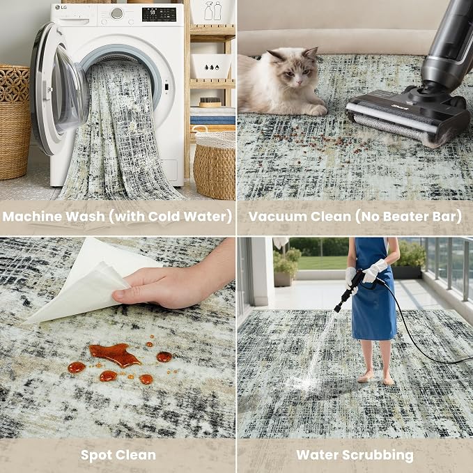 9x12 Washable Area Rug for Living Room Bedroom: Non-Slip Modern Black Gray | Machine Washable TPR Backing, Stain-Resistant Low Pile, Pet & Kid Friendly, Abstract Decor for Dining Room, Dorm, Home Office - Image 5